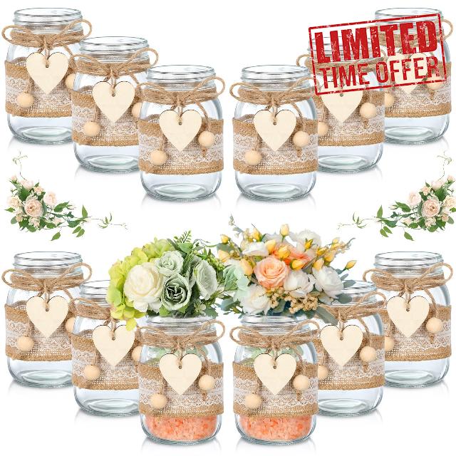 Mumufy 12 Pcs Mason Jars 16 oz Glass Jars with 12 Lace Sleeves and 12 Heart Shaped Hemp Rope Wide Mason Jar Vases Reception Engagement Party Bridal Shower Centerpieces Wedding Table Decorations