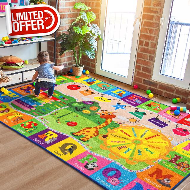 Kids Rug Play Mat Carpet Educational and Fun Playmat with ABC Alphabet Animals Shapes Colors 4x6 Area Rug Learning and Safe Rugs for Bedroom Playroom Classroom Baby Toddler Children Play Game Activity