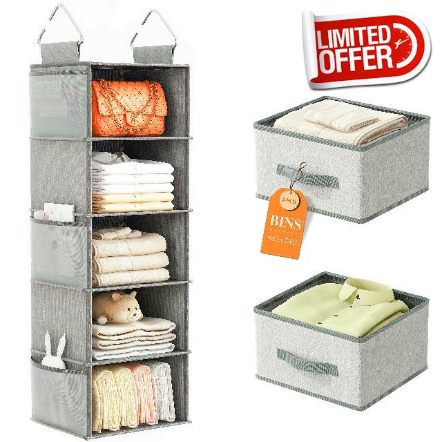 Z&L HOUSE 5 Tier Hanging Closet Organizer Collapsible Hanging Storage with 3 Side Pockets and 2 Removable Drawers Suitable for Bedroom Closet Clothing Storage Grey