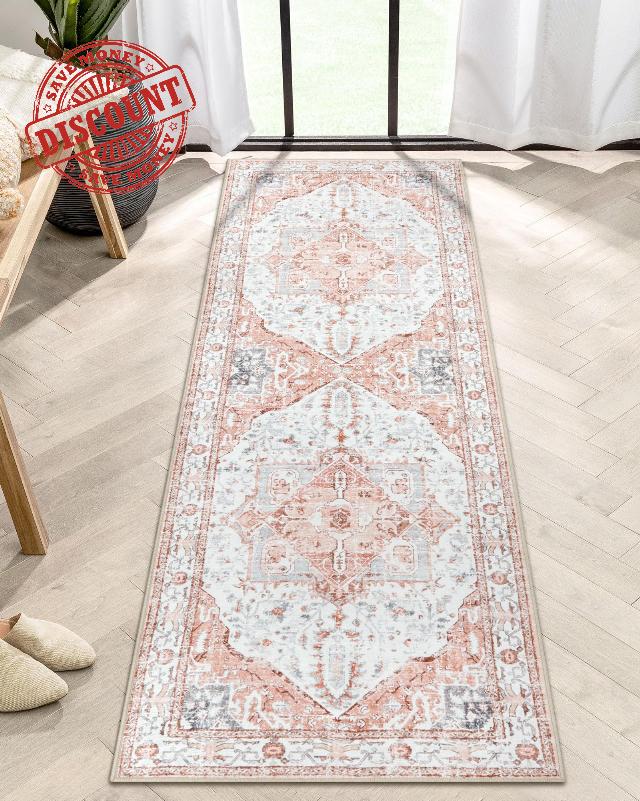 Lahome Boho Washable Hallway Runner Rug - 2x6 Pink Runner Rug Non-Slip Throw Non Skid Kitchen Runner Bedroom Rugs