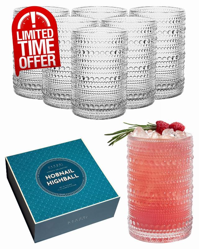 14 oz. Hobnail Highball Glasses Set of 6 (Clear) - Embossed Beaded Glassware Vintage XL Drinkware Double Old Fashioned Glass for Beverages