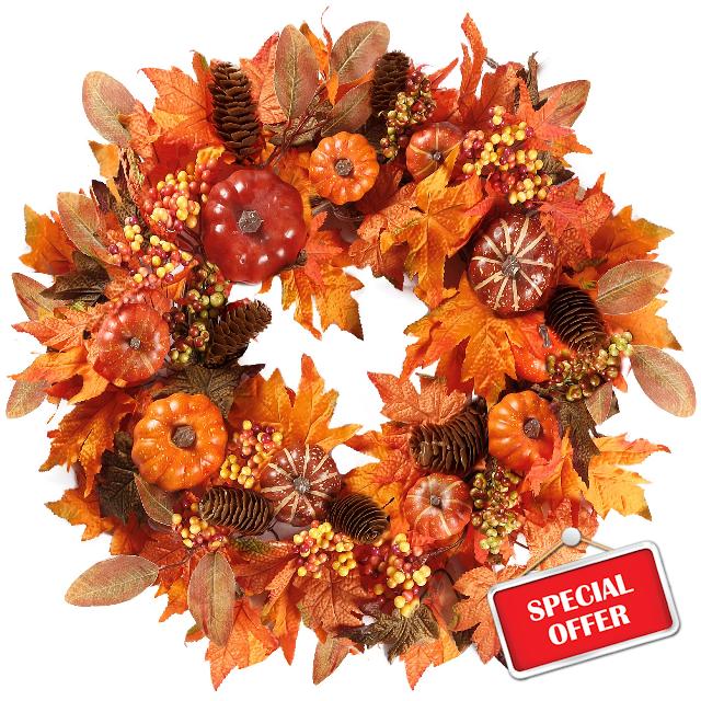 Sggvecsy Fall Wreath 20’’ Autumn Front Door Wreath Harvest Wreath with Various Pumpkin Cluster of Berries Maple Leaves Pine Cones for Outside Indoor Wall Window Festival Thanksgiving Autumn Fall Decor