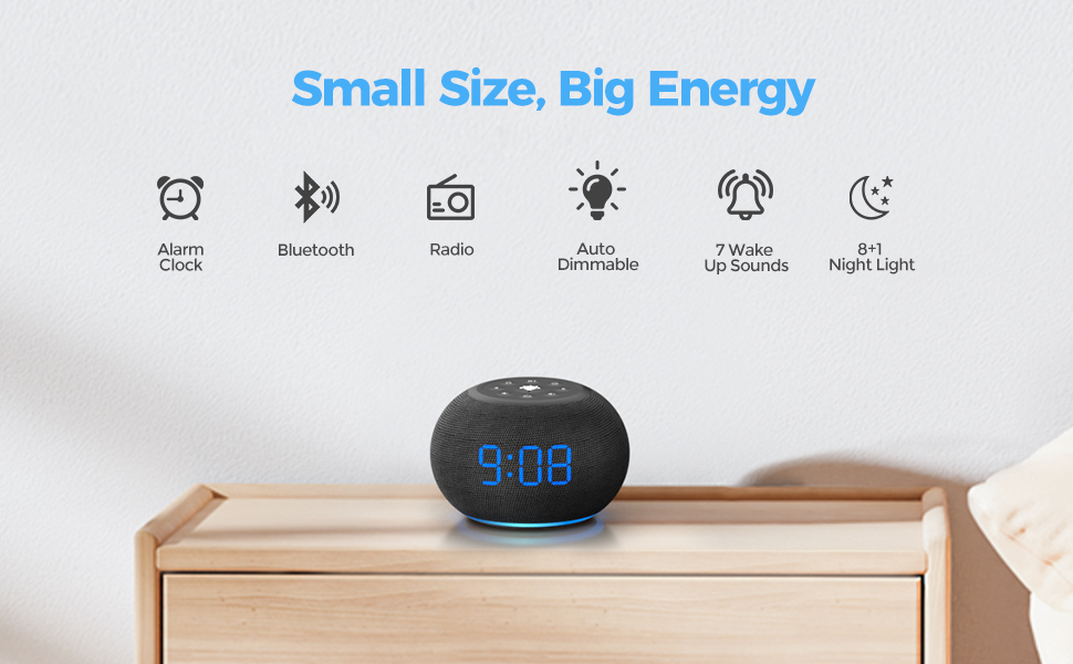 1.Auto Dimmable Bluetooth Speaker Alarm Clock with FM Radio. 8 Colors Nightlight.