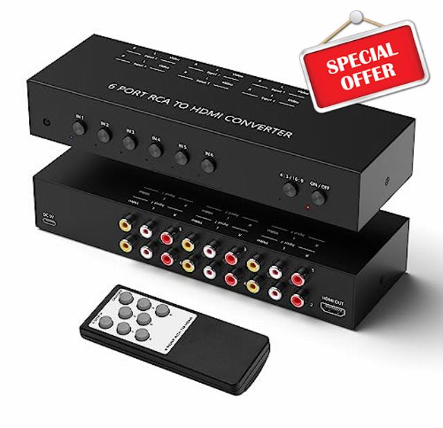 RuiPuo 6Port AV to HDMI Converter RCA/Composite/CVBS to HDMI Adapter Support 16:9/4:3 Switch for Wii/N64/PS1/PS2/PS3/VHS/VCR/DVD Players etc (6Port RCA in to 1 HDMI Converter with IR Remote)