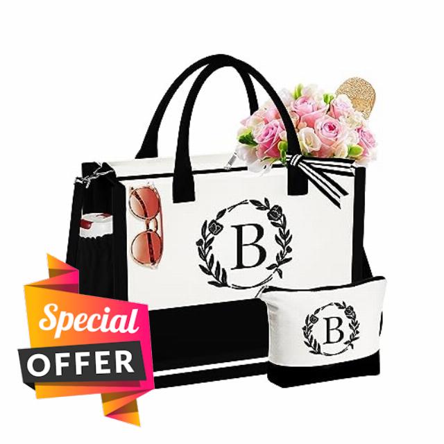 YOOLIFE Initial Canvas Tote Bag Beach Bag Makeup Bag with Zipper Personalized Teacher Gifts Friend Birthday Gifts for Women
