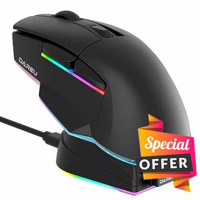 DAREU A955 Lightweight Wireless Gaming Mouse with RGB Charging Dock: Tri-Mode 2.4G/USB-C/BT Mouse Up to 12K DPI Optical Sensor -KBS II Buttons Fully Programmable- 120 Hr Battery