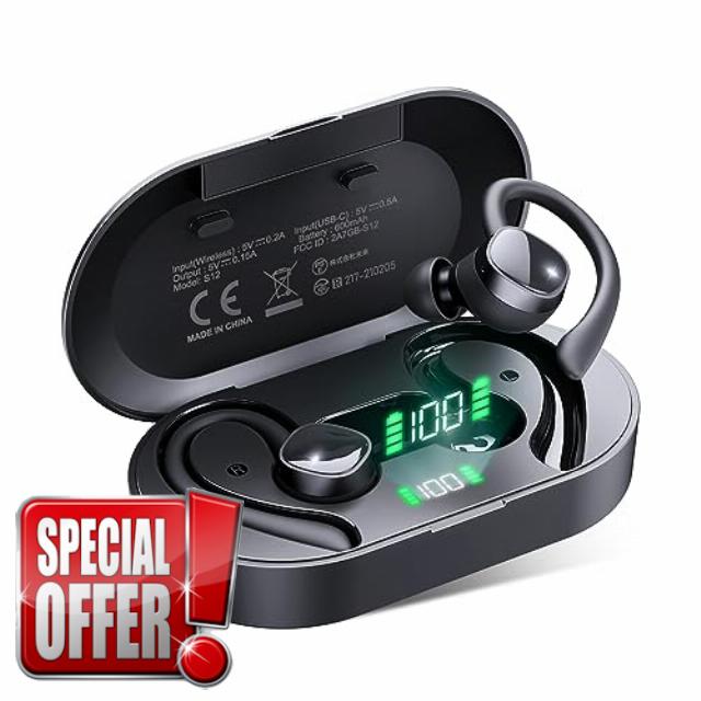 Psier Wireless Earbuds Sports Wireless Headphones 4 Mic Clear Calls 60H Playtime Ear buds Supports Wireless Charging Dual LED Power Display Flexible Earhooks IPX7 Waterproof Earphones for Running