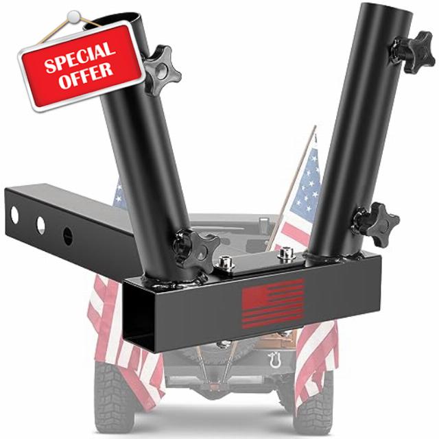 Adust Hitch Mount Dual Flag Pole Holder Universal for Standard 2 inch Hitch Receivers - Compatible with Jeep