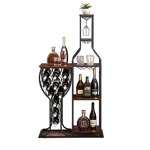 5 Tier Freestanding Wine Rack with Hanging Wine Glass Holder and Storage Shelves