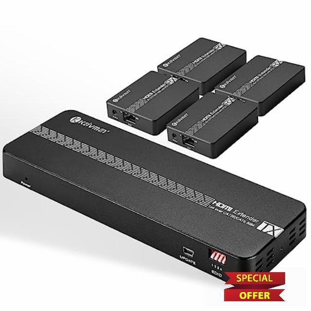 KAIVMAN 1x4 HDMI Extender Splitter Over Ethernet - Full HD 1080P HDMI Extender Over Single Cat5e/6 Cable with IR Remote Loop Out