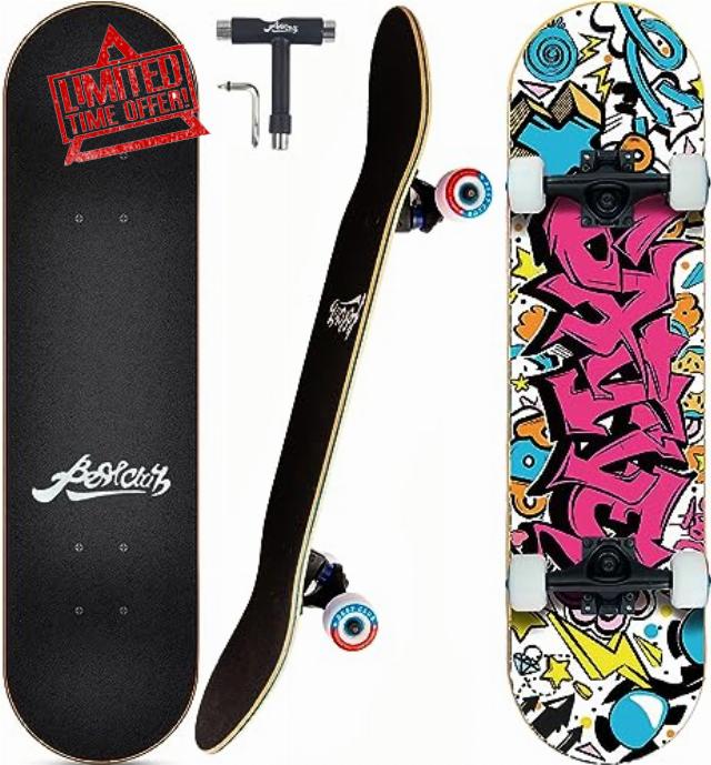 Bestclub 2023 Pro Complete Skateboards for Beginners Adults Teens Kids Girls Boys 31x8 Inch Skate Boards 7 Layer Canadian Maple Double Kick Deck Concave Longboards