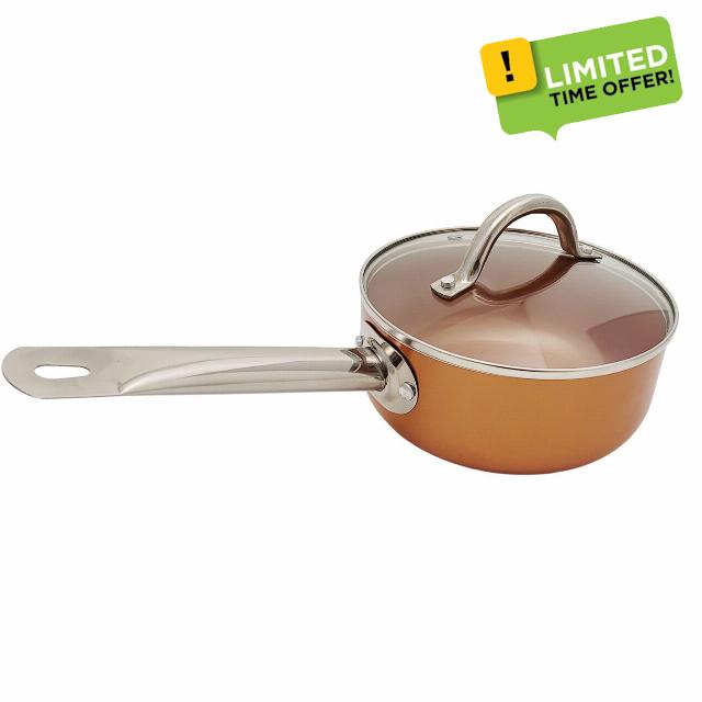 Nonstick Copper Ceramic 2 Quart Saucepan with Stainless Steel Handles & Vented Glass Lid PFOA PFOS PTFE Free - Electric Gas Induction Cooking
