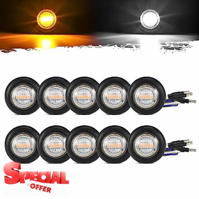 Partsam 10Pcs Dual Color 3/4" Round LED Marker Light Amber to White Auxiliary Light Side Marker Clearance Light Turn Signal Running Lights with Bullet Plug for Trailer Truck Pickup Camper RV