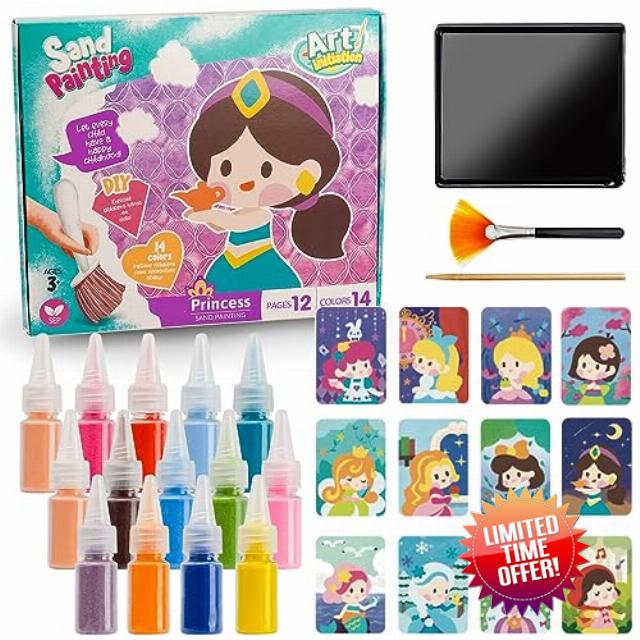 29Pcs Colored Sand Painting Art Kits 12 Sheets Princess Sand Painting Picture Cards and 14 Bottles Colored Art Sand