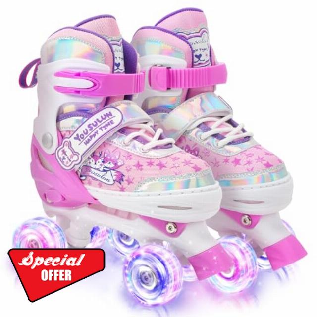 Kids Roller Skates with Light up Wheels Upgrade 4 Sizes Adjustable Fun Illuminating Roller Skates for Toddler Kids Beginners Outdoor Skating with Hard-Shell Ankle Support