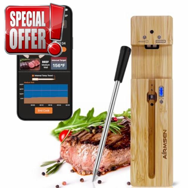 AIRMSEN Wireless Meat Thermometer for Grilling Smoker Oven Cooking Kitchen