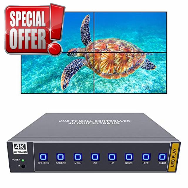 ISEEVY 4K60 HDMI USB UHD Video Wall Controller 2x2 1x2 2x1 1x3 3x1 1x4 4x1 TV Wall Controller for max 4 TVs Splicing Display with HDMI 2.0 and USB Inputs Support Play max 4096x2160@60 Video Picture