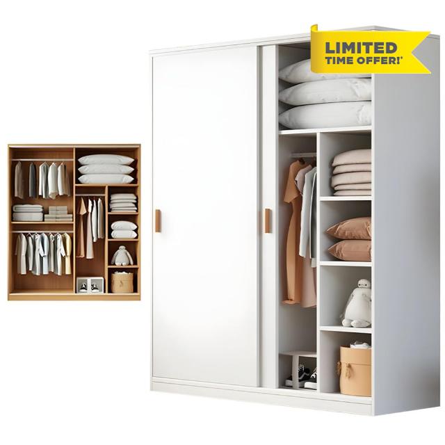 LITFAD Mutil-Functional Wood Wardrobe Modern Storage Armoire Closet with Sliding Doors Freestanding Closet with Shelves and Clothing Rods for Bedroom