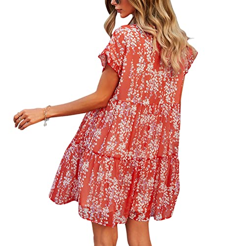 Women Ruffle Mini A Line Dress Floral Print Casual O Neck Elegant Butterfly Short Sleeve