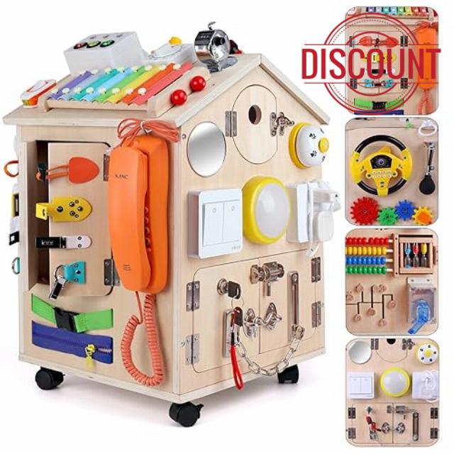 WISBOOK Montessori Wooden Busy House Children's Basic Life Skills and Fine Motor Training