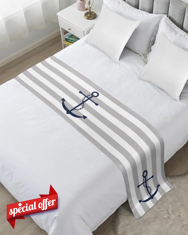Krisyeol Bed Runner Scarf for King Size Bed Gray Nautical Anchor Geometric Stripes Pattern Bed Runners Scarves for Foot of Bed Decorative Slipcover Bedding Protector for Bedroom Hotel Wedding Room