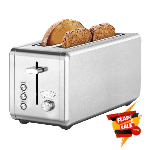 WHALL Long Slot Toaster 4 Slice Brushed Stainless Steel Toaster