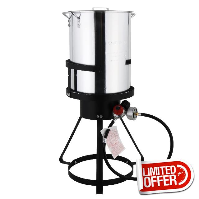 TOVRON 30 Qt Turkey Fryer Set Aluminum Seafood Boiling Kit with Strainer Fish Deep Fryer Pot with Gas Burner Stand for Outdoor Cooking Silver