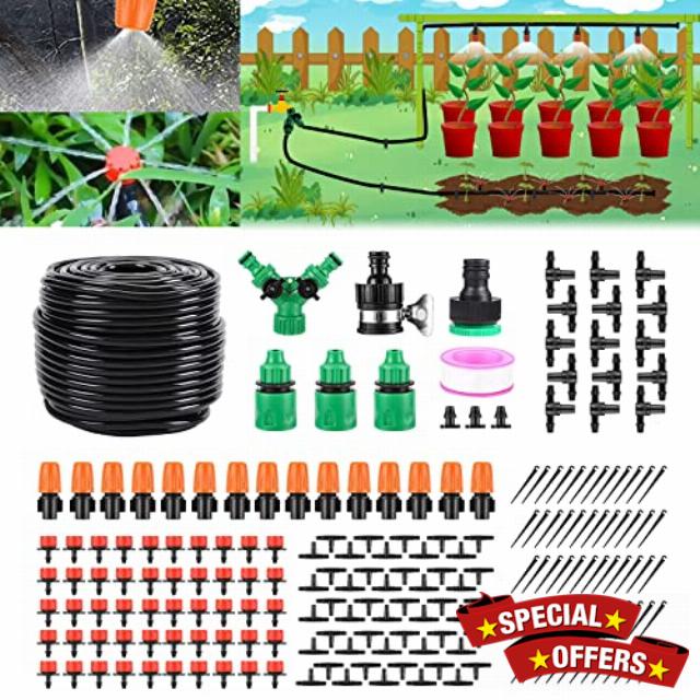 Drip Irrigation Kit 164FT Greenhouse Micro Automatic Irrigation System Patio Misting Plant Watering System with 1/4 inch 1/2 inch Blank Distribution Tubing Hose Adjustable Nozzle Emitters Sprinkler