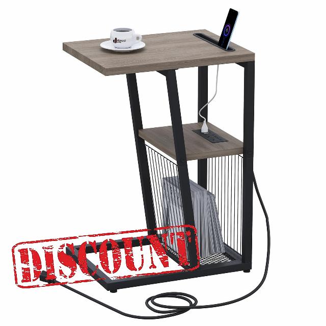Heybly Side Table C Shaped Nightstand End Sofa Table with Charging Station