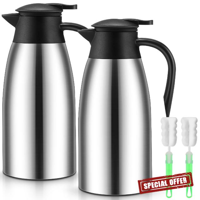 Uiifan 2 Pcs 68oz Thermal Coffee Carafe Insulated Stainless Steel Thermal Coffee Carafe Double Walled Vacuum Flask Coffee Carafes with Brushes for Keeping Coffee Tea for 12 Hours(Silver)