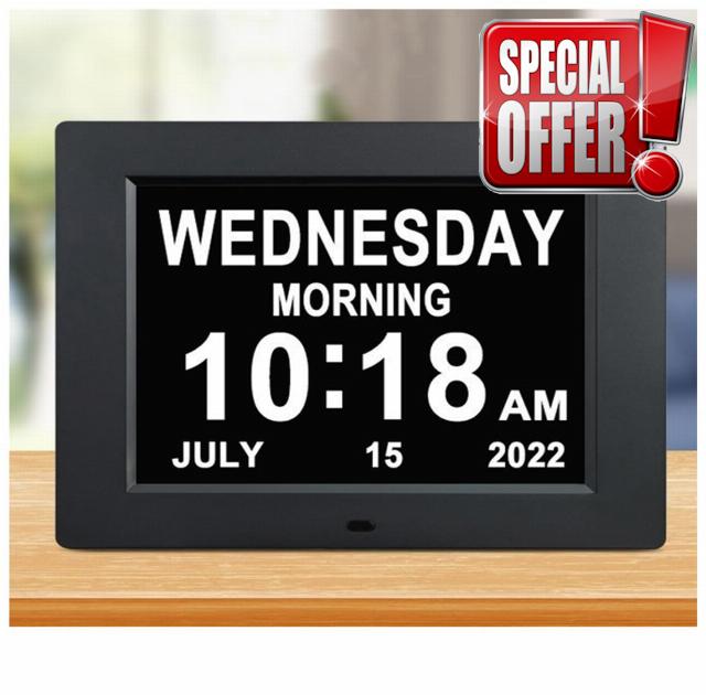 FEYBYLA Alarm Clock with Day and Date for Elderly 3Displays 7inch Digital Calendar Day Clock Photo Frame- Auto Dimmable Display 8 Alarm Options
