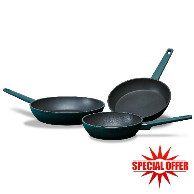 Dr.HOWS URBAN Deep Green 3 Pcs Premium Non Stick Pan Set- Aluminium Pan Nonstick - Deep Frying Stir Fry Pan For Induction