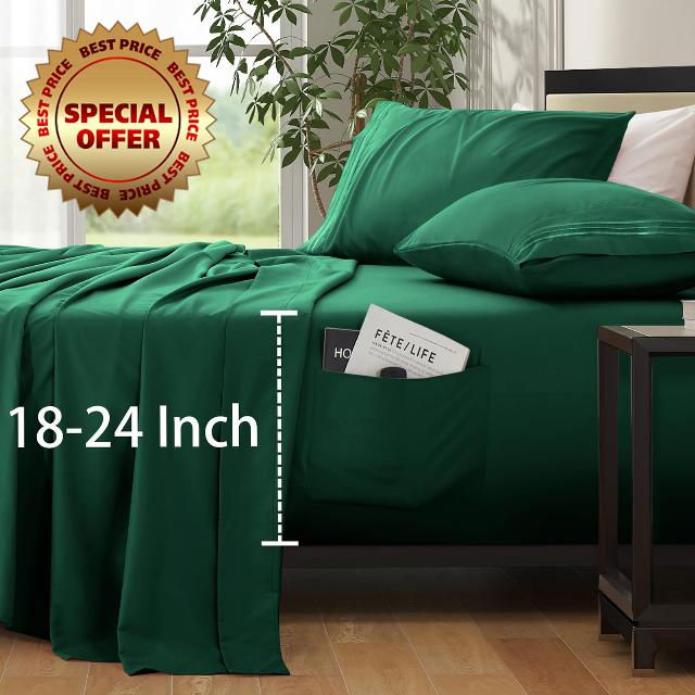 SiinvdaBZX Extra Deep Pocket Queen Sheets for Air Mattress - 4 Piece Forest Green Deep Pocket Sheets Queen Size - Fits Mattress 18-24 Inches Deep - Soft 1800 Thread Count Fitted Sheet with Side Pocket