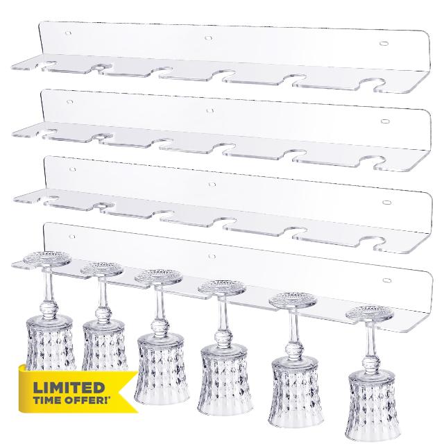Barydat 4 Pcs Champagne Wall Holder Clear Acrylic Wall Mounted Wine Glass Holder Under Cabinet Wine Glass Holder Rack Hanging Shelf Glassware Holder for Kitchen Bar Organizer Holds 24 Bottles in Total