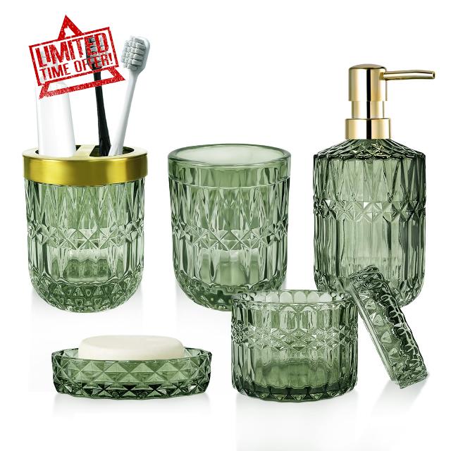 5PCS Green Glass Bathroom Accessories Set - Include Soap Dispenser and Toothbrush Holder Set