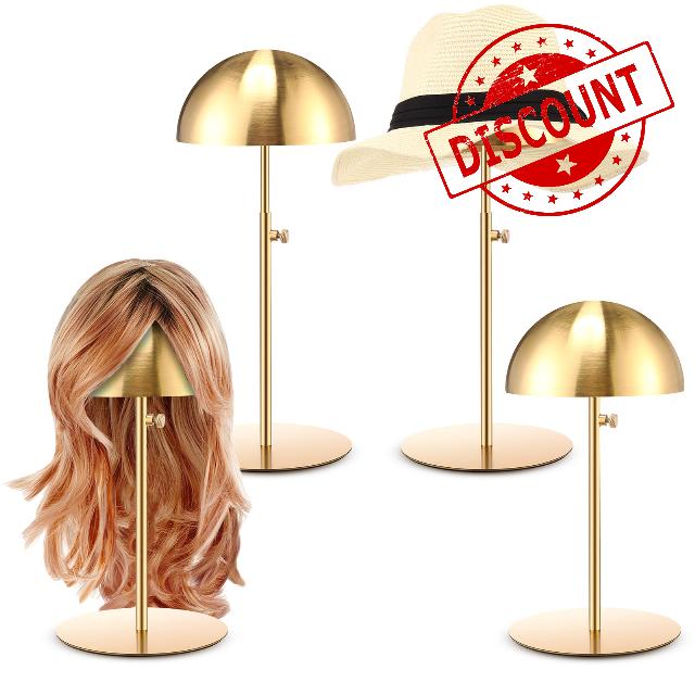 Sintuff 4 Pcs Hat Display Stand 7.9 To15.7inch Adjustable Height Gold Hat Holder Wigs Head Stand Anti Rust Non Slip Stable Stainless Steel Metal Hat Rack for Multiple Hat Storage Wig Styling Practice