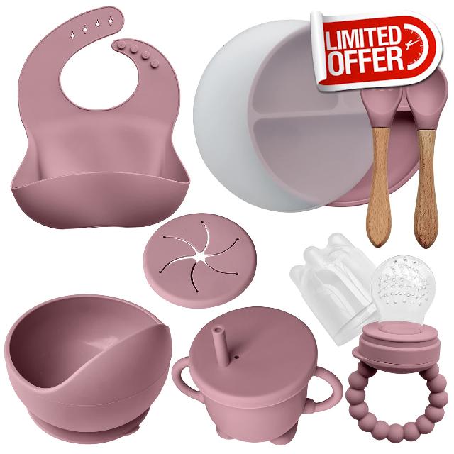 AYBABY Silicone Baby Feeding Set (8 Pieces) -Baby Suction Plate with lid & Baby Suction Bowl/Baby Fork and Spoon/Sippy Cup/Bib & Fruit Feeder - Newborn Gift (Pink)