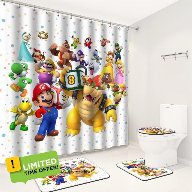 MISTEYOO Anime Game Movie White 4 PCS Shower Curtain Set Non-Slip Carpet Toilet Seat Cover and Bath Mat Durable Bathroom Decor Set for Home Hotel Bath Accessories