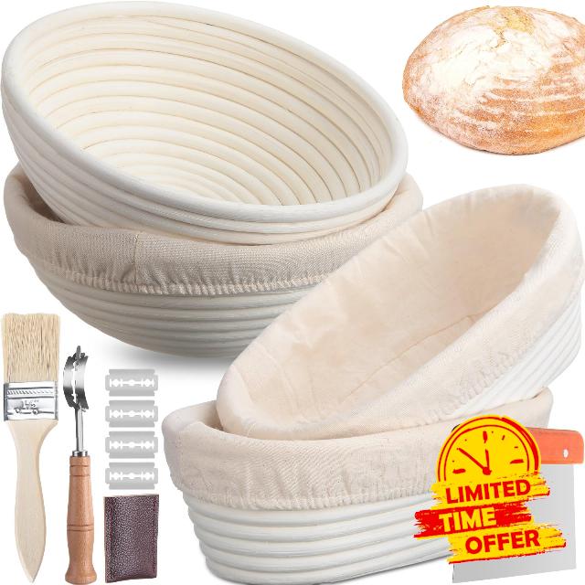 Mifoci 4 Pack Bread Proofing Baskets Banneton Basket 9 Inch Round Sourdough Proofing Basket 10 Inch Oval Proofing Baskets for Bread Baking with Bread Scorer Dough Scraper Linen Liner and Basting Brush