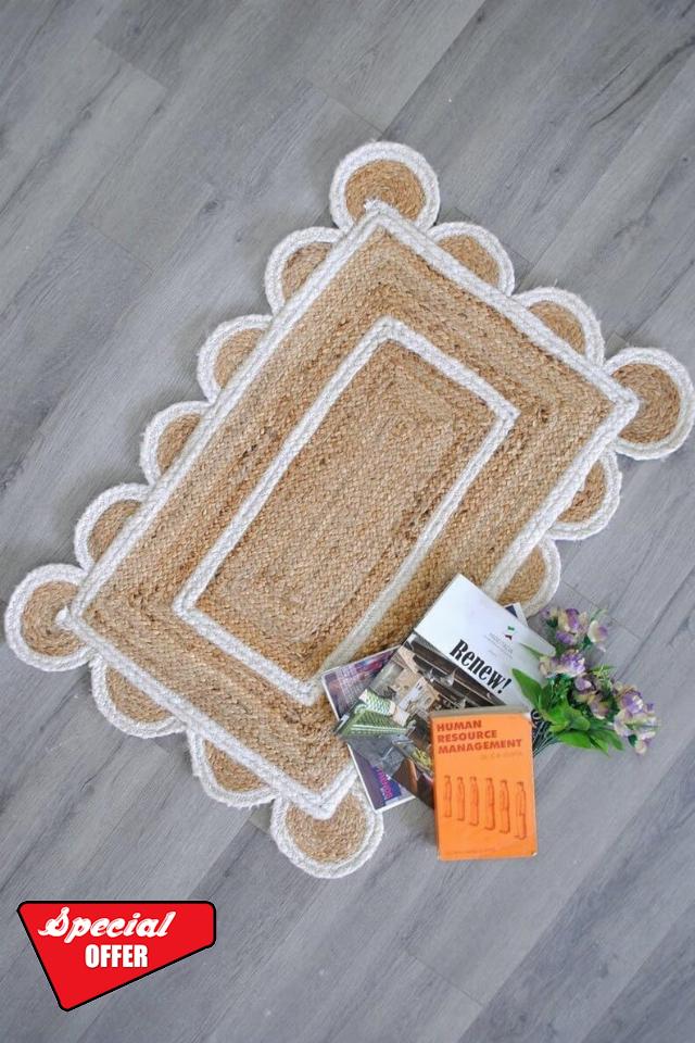 2x3 Ft. White Color Scalloped Design Jute Rug Kitchen Rug/Patio Rug/Hallway Rug/Entryway Rug/Outdoor Rug