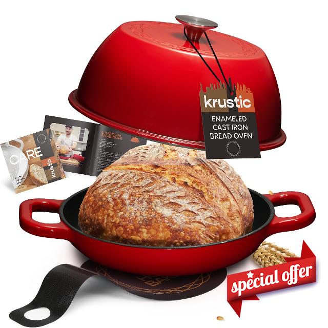 Krustic Enameled Cast Iron Dutch Oven for Sourdough Bread Baking | 6 Quart Pot with Lid | 10 Inch Ceramic Enamel Thick Coated Cookware Set with Non Stick Silicone Baking Mat for Cooking | 6 Qt | Red