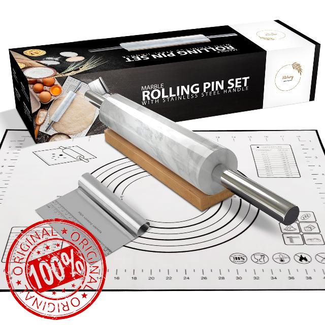 LITEBURG Professional Marble Rolling Pin for Dough - Solid Precise Pizza Dough Roller Marble Rolling Pin for Baking including Silicone Baking Mat