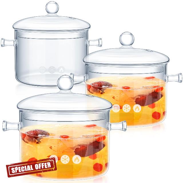 Hsei 3 Pcs Glass Simmer Pot Heat Resistant Clear 1.3 1.5 1.9 L Glass Saucepan with Cover Handle Glass Pots for Cooking Glass Cookware Glass Stovetop Pot and Pan with Lid for Pasta Noodle Soup Milk Tea