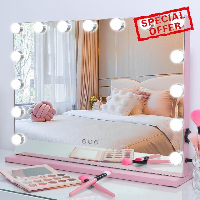LEINASEN Lighted Vanity Makeup Mirror for Bedroom Large Hollywood Mirror with Lights with 15 DIMMABLE lED Bulbs 3 Color Lighting Modes USB Port Magnifying Touch Control