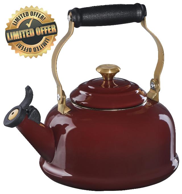 Le Creuset Enamel On Steel Whistling Tea Kettle with Gold Knob and Brackets