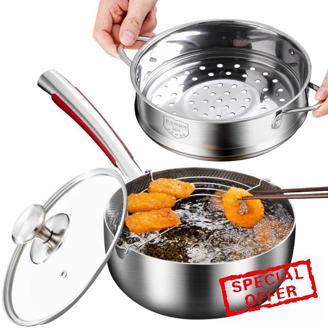 A.B Crew 2.5 Quart Saucepan with Steamer Basket and Oil Drain Rack Nonstick 18/10 Stainless Steel Pot with Glass Lid 2.5 Qt Sauce Pan Small Cooking Pot Frying Pan for Kitchen Restaurant