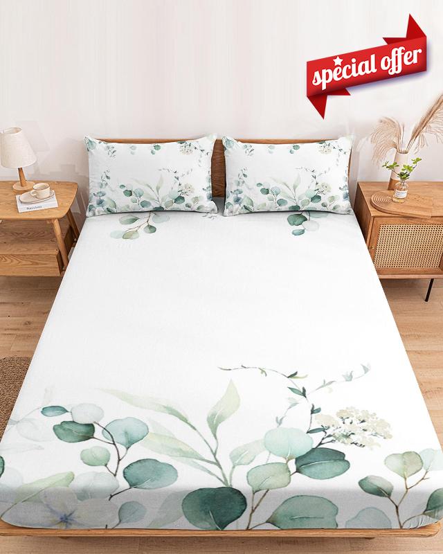 Fitted Bed Sheet Twin - Watercolor Eucalyptus Green Gradient Bedding Fitted Sheet Fits 5'' to 16'' Mattress - Deep Pockets Elastic Bottom Sheets with Pillow Cases for Bed Pastoral Country Botanical