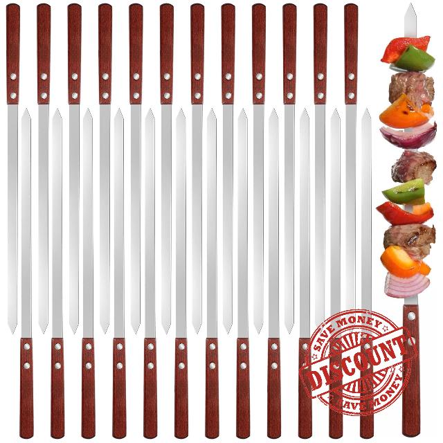 meekoo 24 Pieces Kabob Skewers 17.7 Inch Long 0.4 Inch Wide 2 mm Thin Stainless Steel BBQ Skewer with Wood Handle Grill Metal Skewers Reusable Flat Skewers for Outdoor Grilling Cooking Barbecue