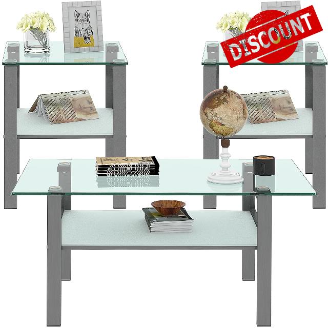 ODUSE-DAILY Tempered Glass Coffee Table Set of 3 Piece