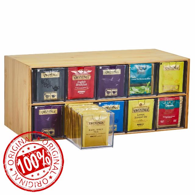 TIMIEEYA Tea Bag Organizer - Bamboo Tea Storage Organizer With Drawer 2 Layer